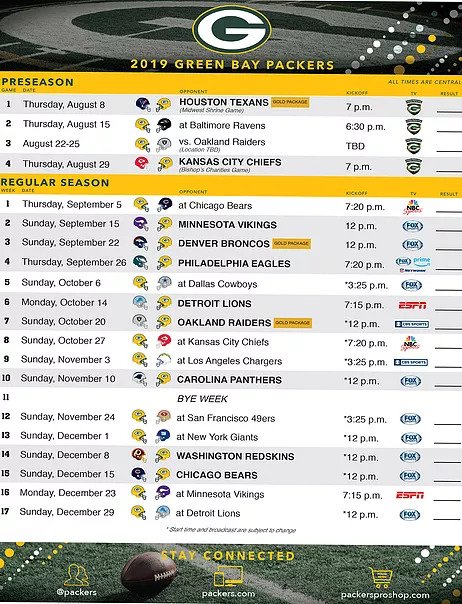 2019 Green Bay Packers Schedule